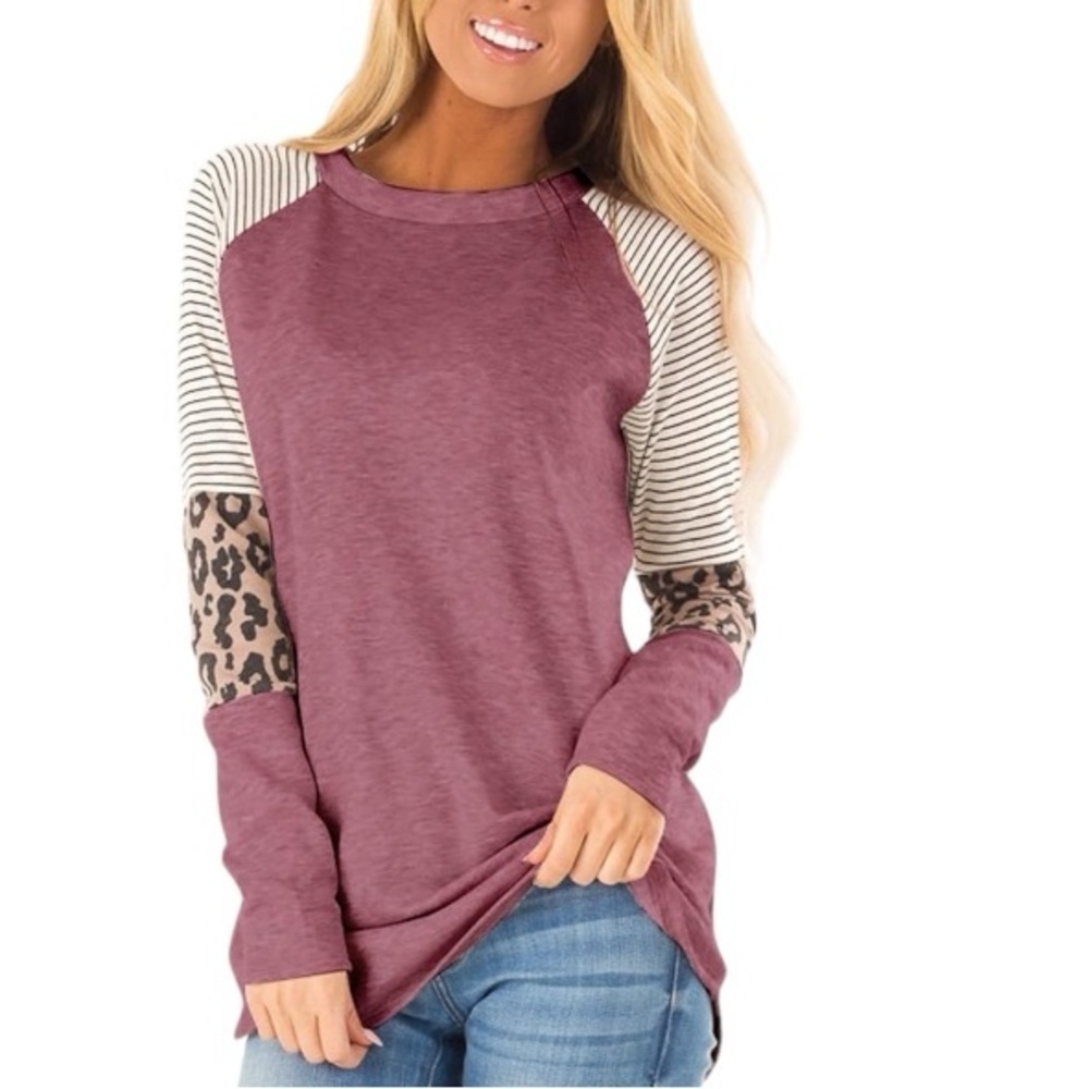 Boutique Long Sleeve Leopard Color Block Tunic Comfy Stripe T Shirt Tops Wine